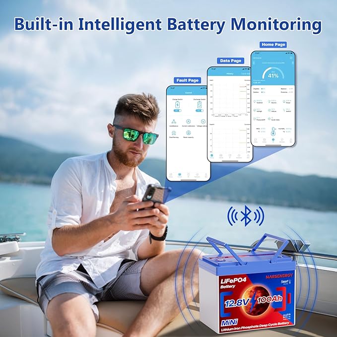12V 100Ah Lifepo4 Battery, Bci Group 24, Built-In 100A Smart BMS, 4500 To 15000 Deep Cycle Grade A Cells Lithium Battery For Rv, Trolling Motor, Marine, Home Energy Storage, Solar Panel System (BT1PC)