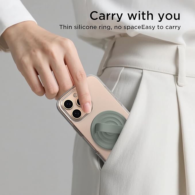 Magnetic Phone Ring Grip Holder, Silicone Finger Loop Grip, Compatible with MasSafe, Back of Phone for iPhone Pro Max/Plus/16/15/15/14/13/12 Series, Calke Green