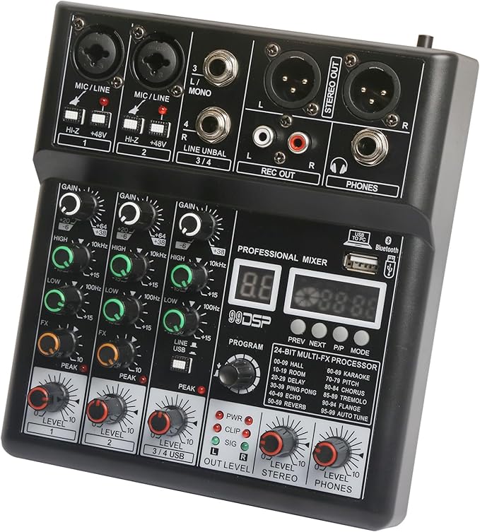 Dj Mixers, 4 Channel Audio Mixer, Sound Board with Bluetooth Player, Usb Audio Interface with 48V Phantom Power, Sounds Mixer Board with 99 DSP FX Reverb Delay Effect