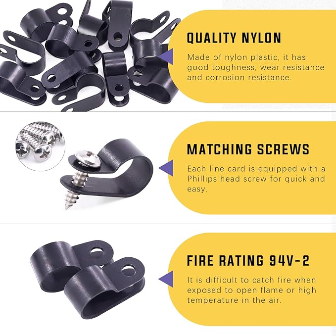 Swpeet 120 Pack Black 1/2 Inch Nylon Plastic R-Type Cable Clips Clamp Kit, Nylon Screw Mounting Cord Fastener Clips with 120 Pack Screws for Wire Management (1/2 Inch, Black)