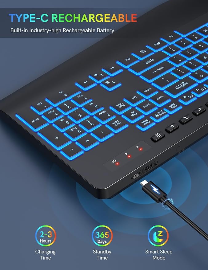 Trueque Wireless Keyboard with 7 Colored Backlits, Wrist Rest, Phone Holder, Rechargeable Ergonomic Keyboard with Silent Light Up Keys, Cordless Computer Keyboard for Windows, Mac, Laptop