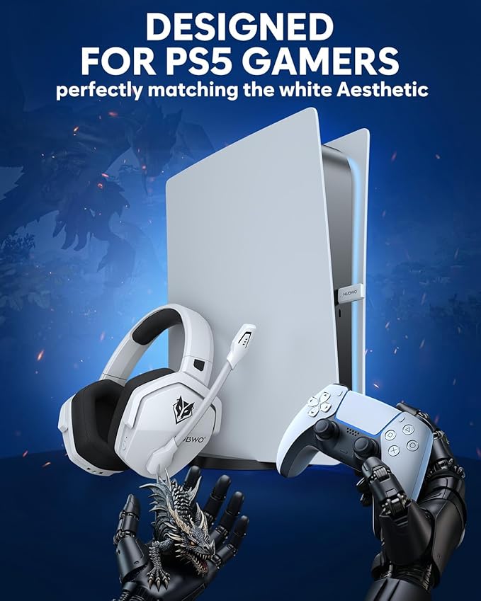 NUBWO Wireless Gaming Headset, 5.3 Bluetooth Gaming Headphones for Ps5, Ps4 Fortnite & Call of Duty/FPS Gamers, PC, Ns, 2.4GHz Headphone with 100Hr Battery, Flip Noise Canceling Microphone - White