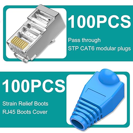 100-Pack Cat 6 Pass Through Shielded RJ45 Connectors with RJ45 Boots Cover (Cat6 Connector/ Cat5e Connector/Ethernet Ends/Cat 6 Ends/ RJ45 Modular Plugs) for Solid or Stranded STP Cable
