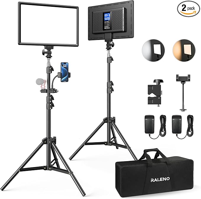 RALENO 13" LED Video Light Panel, 2-Pack Bi Color Photography Lighting Kit with 75" Stand & Phone Holder, Studio Lights with 8000mAh Built-in Battery for Video Recording/Tiktok Live Streaming/Game
