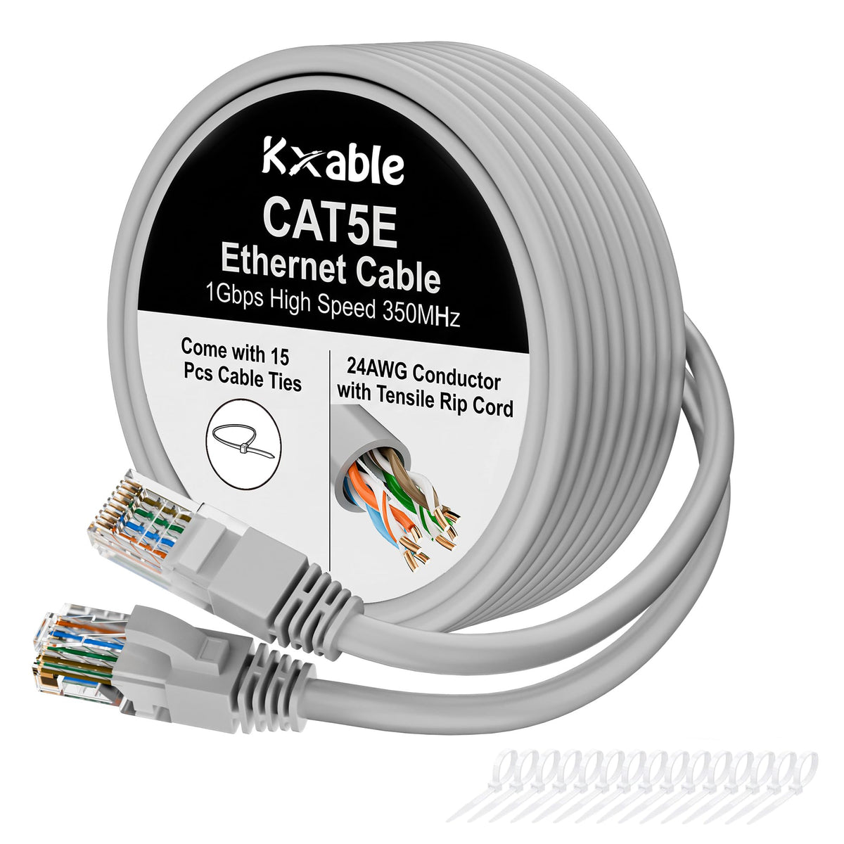 Cat5e Ethernet Cable 50 FT, Long Cat 5e Internet Cable, Yellow Snagless Patch Cord, Flexible, Network, LAN, PoE, Standard RJ45 Connector for PC, Server, Router, Modem, TV, PS5 - with 15 Cable Ties