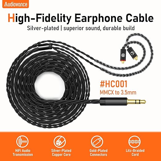 Premium HiFi IEM Cable - Silver-Plated 3.5mm to MMCX Cord, Lossless-Sound in-Ear Monitor Cables for Vibes 201/202, Shure SE215/315/425/535/846-Black (HC001)