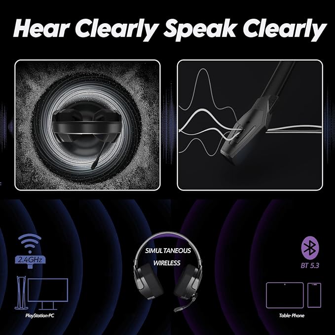 NUBWO G06 Dual Wireless Gaming Headset with Microphone for Ps5, Ps4, PC - 23ms Low Latency Audio - 100-Hour of Playtime - 50mm Drivers (Black-Purple)