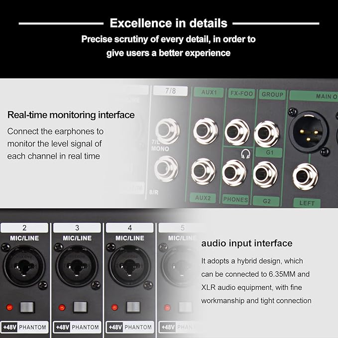 Depusheng TG8 professional dj audio mixer 8 channel input and dual group output with 99-bit dps reverb chip bluetooth usb recording and mp3 playback suitable for stage, bar, recording studio