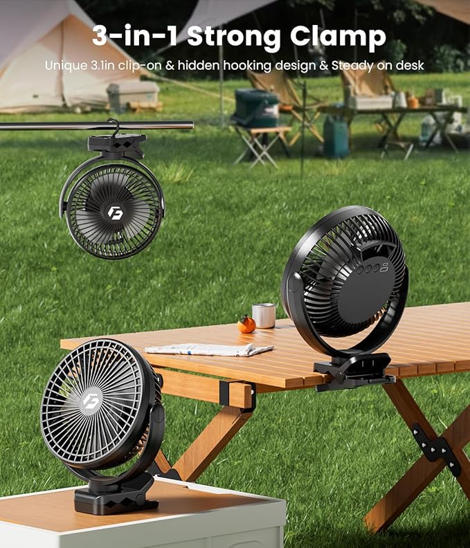 8-inch Clip-on Fan - 12000mAh Portable Rechargeable Battery With 3 Speeds and Strong Airflow, USB Small Desk Personal Quiet for Office, Stroller, Bedroom and Camping