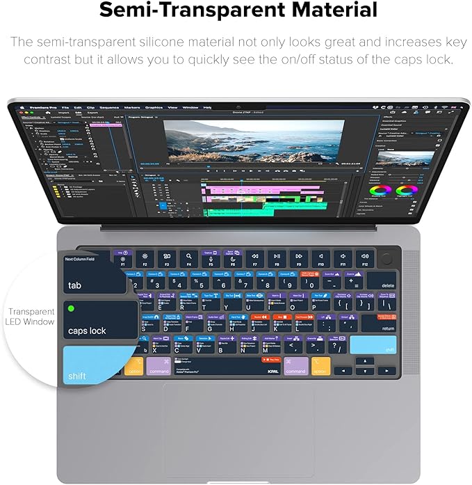 JCPal Adobe Premiere Pro Shortcut Guide Keyboard Cover for Apple MacBook Pro 14 inch and MacBook Pro 16 inch (M1-M4 Models) and MacBook Air 13 inch and MacBook Air 15 inch (M2-M4 Models) (US-Layout)