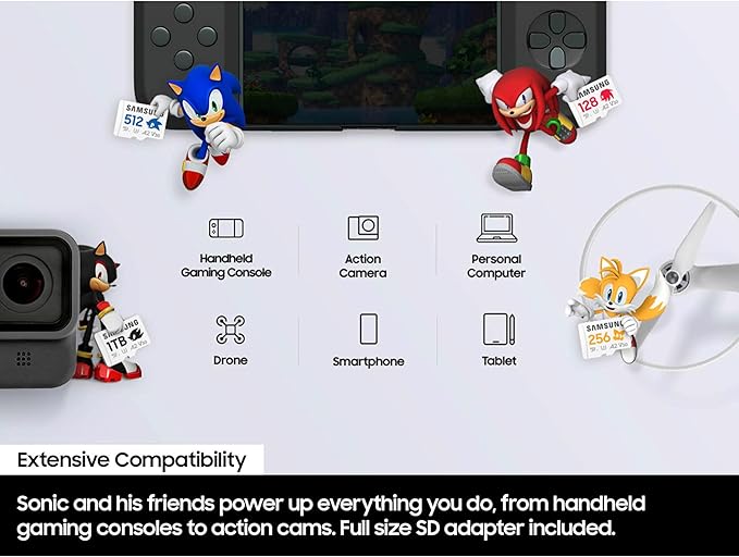 Samsung PRO Plus Sonic The Hedgehog + Adapter, 512GB microSDXC, Up-to 180MB/s, Full HD & 4K UHD, UHS-I, C10, U3, V30, A2, for Nintendo-Switch, Steam Deck, GoPRO, DJI Drone, Tablets (MB-MD512SA/LC1)
