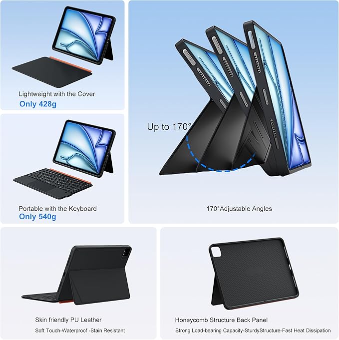 WIWU for iPad Keyboard Case 11 Inch A16 11th /10th Gen 3 in 1 Magnetic Detachable Case Keyboard Adjustable Stand Backlit Keys with Touchpad (Black, for iPad 11/10/Air 5/4/11"(M2/M3) Pro 11" 4/3/2/1)