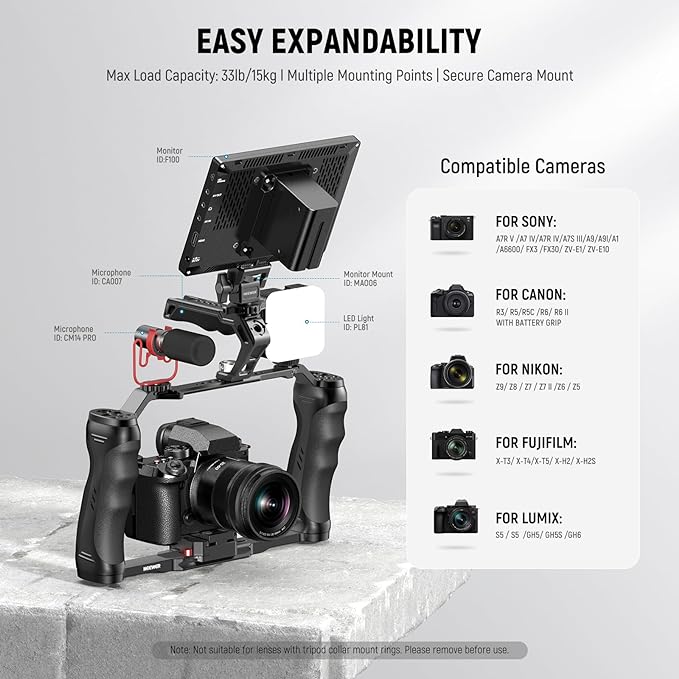 NEEWER Video Camera Cage Rig with Arca Type Quick Release Plate, Double Handles, 3/8" ARRI 1/4" Threads, Cold Shoes, Universal Camera Stabilizer, Compatible with SmallRig NEEWER Base Plate, CA077