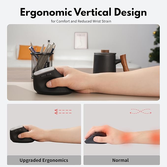Vertical Mouse Wireless, 2.4G Rechargeable Mouse with Battery Indicator,4 Level DPI,Ergonomic Design for Comfort and Reduced Wrist Strain, Ideal for Home,Office Use (Black)