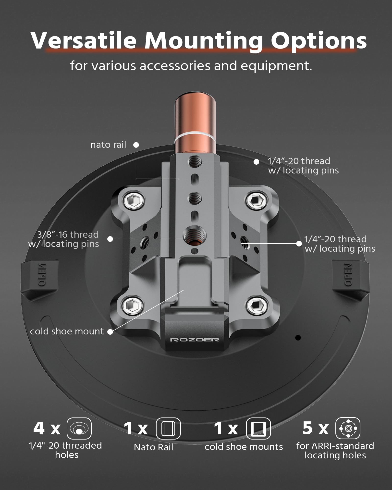 ROZOER 6" Suction Cup Camera Mount – Car, Windshield & Dash Cam Mount with Cold Shoe, NATO Rail, 1/4"-20 & 3/8-16 Threads (6”)