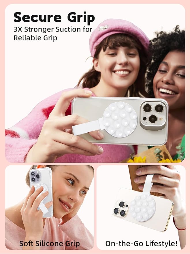 Magnetic Suction Phone Case Mount, Silicone Suction Cup Grip Stand for MagSafe Case, Hands-Free Phone Holder for iPhone 16/15/14 Pro Max, TikTok Videos, Selfies, Women Gift (Light Pink)911001A (White)