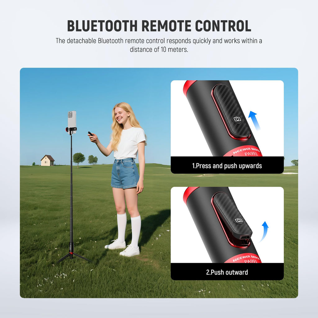 NEEWER Basics PA991 Selfie Stick Tripod Compatible with iPhone Samsung Android, 57.9 Inch Metal Portable Lightweight Travel Mobile Phone Stand with Holder & Remote Control for Video Recording