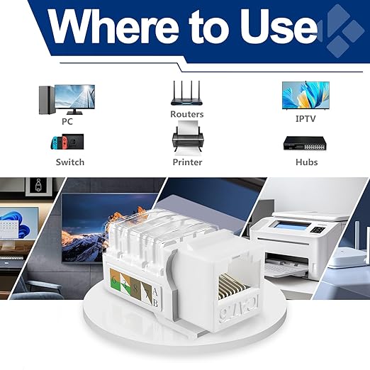 Keystone Jack 25-Pack, RJ45 Cat6 Keystone Jacks, Cat6 Ethernet Jack 90 Degree Punch Down Stand for Patch Panel & Wall Plate, White