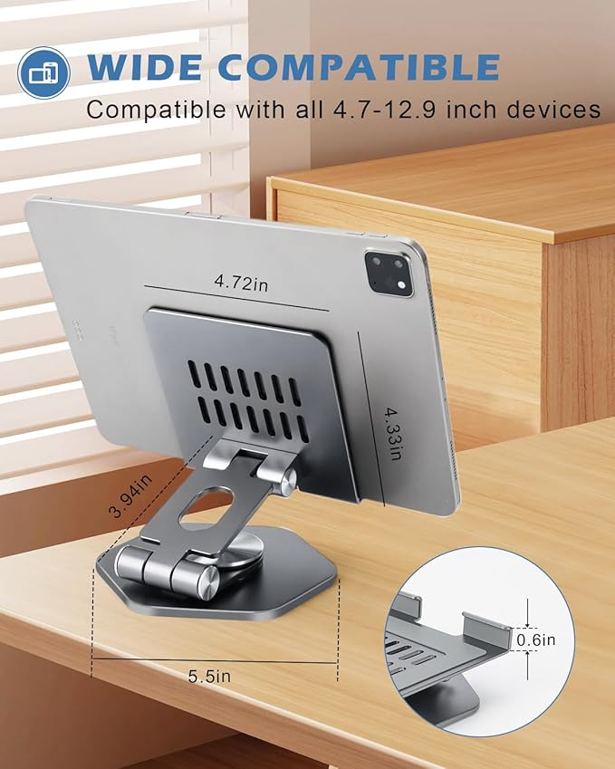 Tablet Stand, Aluminum Desktop Holder, Compatible with 5-12.9" iPad, Grey