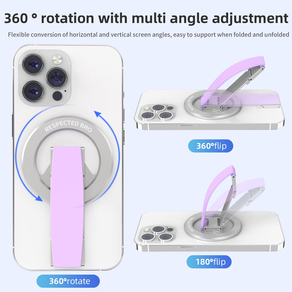 RESPECTED-BRO-Magnetic-Phone-Grip-Stand, Magnetic Phone Ring Holder Kickstand with Silicone Finger Strap, Compatibility for iPhone 17/16/15/14/13/12, Android, and More (Purple)