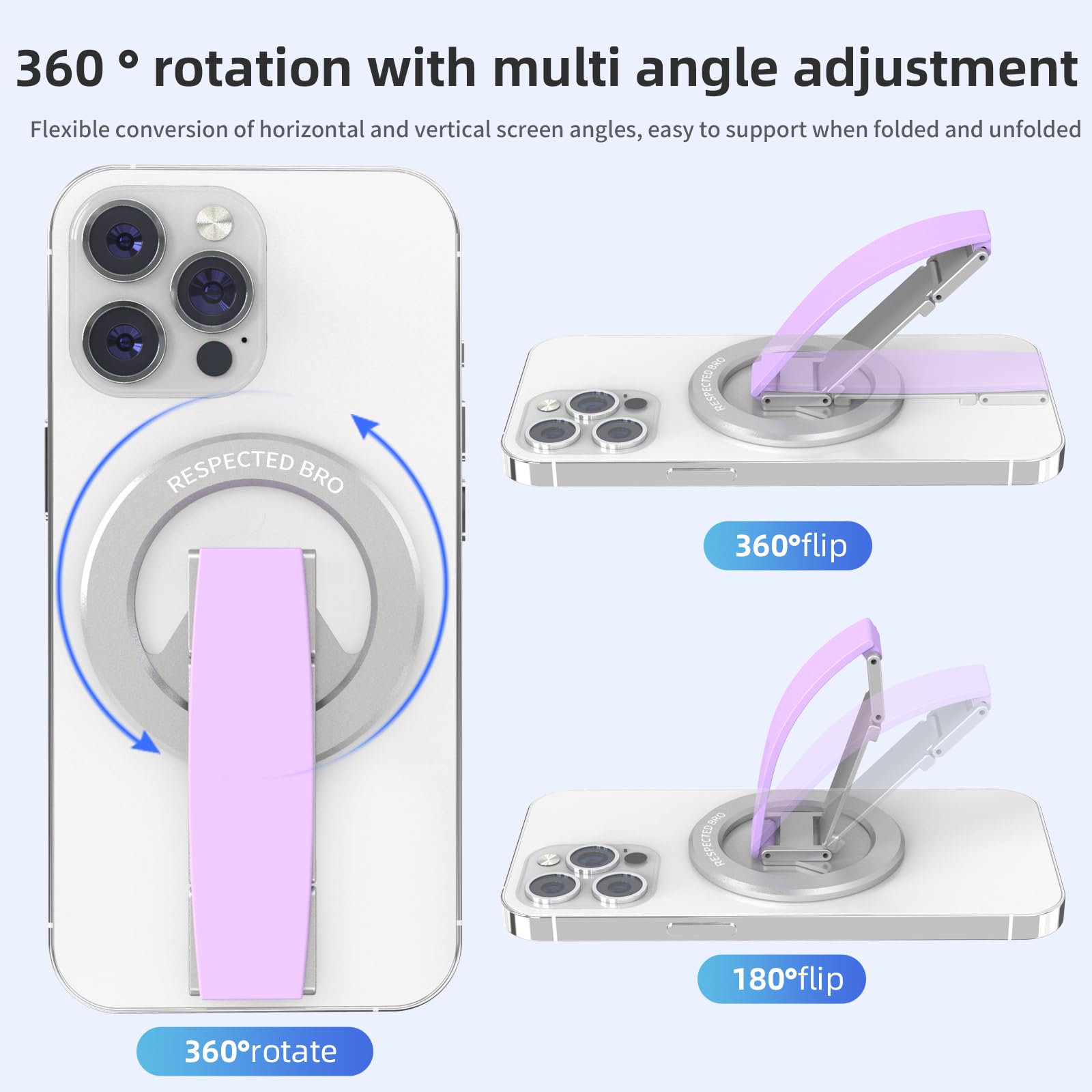 RESPECTED-BRO-Magnetic-Phone-Grip-Stand, Magnetic Phone Ring Holder Kickstand with Silicone Finger Strap, Compatibility for iPhone 17/16/15/14/13/12, Android, and More (Purple)