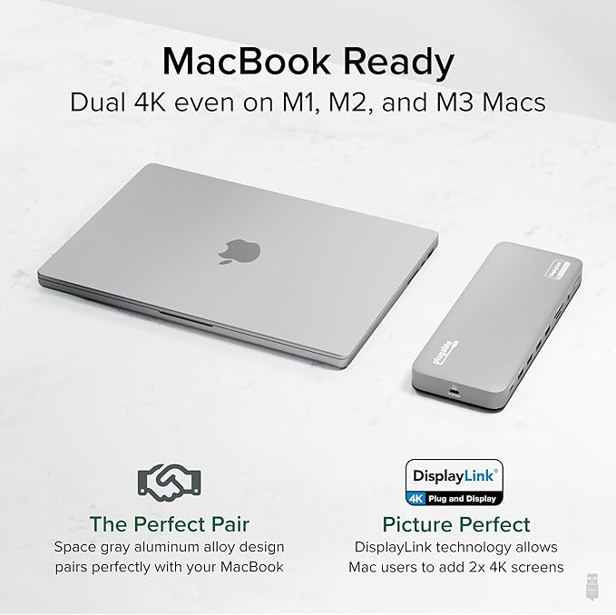 Plugable USB C Laptop Docking Station, Dual Monitor 4K 60Hz for Apple Mac M1/M2/M3/M4, 2X HDMI or 2X DisplayPort, 100W Charging DisplayLink Dock, 2 Displays for MacBook, Driver Required (UD-6950PDH)
