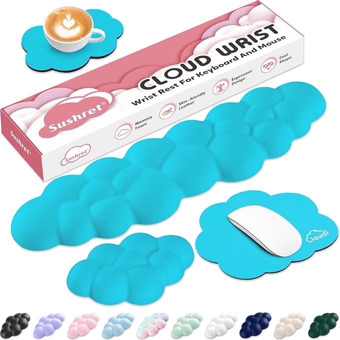 Cloud Wrist Rest for Computer Keyboard, 4-in-1 Memory Foam Leather Cloud Keyboard Wrist Rest and Mouse Pad Set with Ergonomic Support for Arm and Palm Cushion, Gaming/Work Setup, Scuba Blue