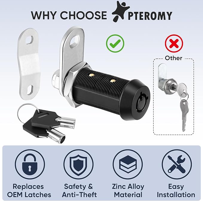 PTEROMY 5 Pack Cabinet Lock with Keys, 5/8'' Heavy Duty Tubular Cam Lock for RV Compartment Storage Locks, Full Set of RV Cam Locks (Black, 5/8'', 5 Pack)
