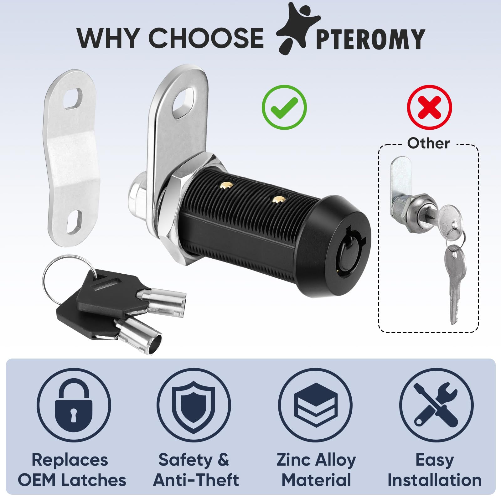 PTEROMY 5 Pack Cabinet Lock with Keys, 1-1/2'' Heavy Duty Tubular Cam Lock for RV Compartment Storage Locks, Full Set of RV Cam Locks (Black, 1-1/2'', 5 Pack)