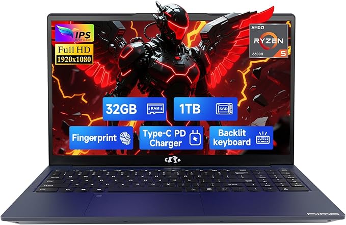 NIMO 15.6" IPS FHD-Gaming-Laptop, 6 Cores AMD Ryzen 5 6600H 32GB DDR5 RAM 1TB SSD (Beat i7-1165G7 up to 4.5GHz) 660M 6nm GPU-Computer with 100W Type-C Backlit Keyboard, Fingerprint