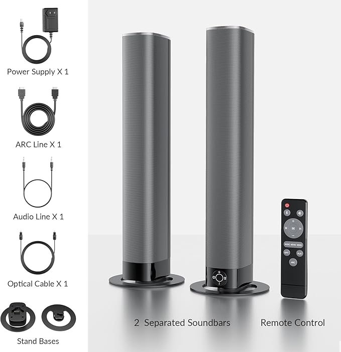 Sound Bar, 80W Soundbar with Bluetooth/ARC/Opt/AUX Connect, with Volume Boost, 3 Equalizer Modes, 2 in 1 Detachable Soundbar for TV/PC/Gaming/Projectors