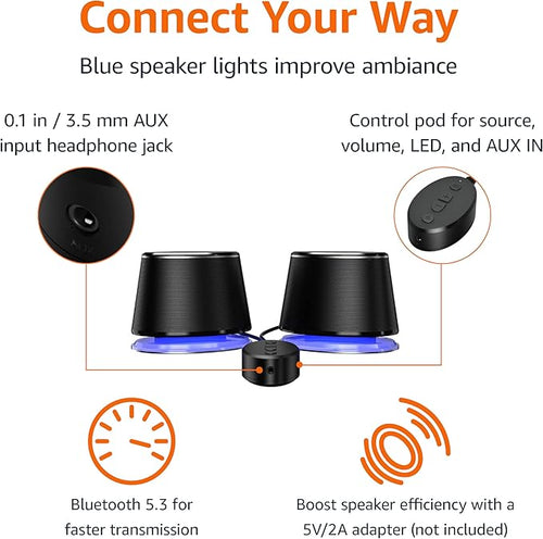 Amazon Basics Bluetooth Computer Speakers with USB 3.0, LED Blue Lighting, Volume Control, USB Powered, Set of 2