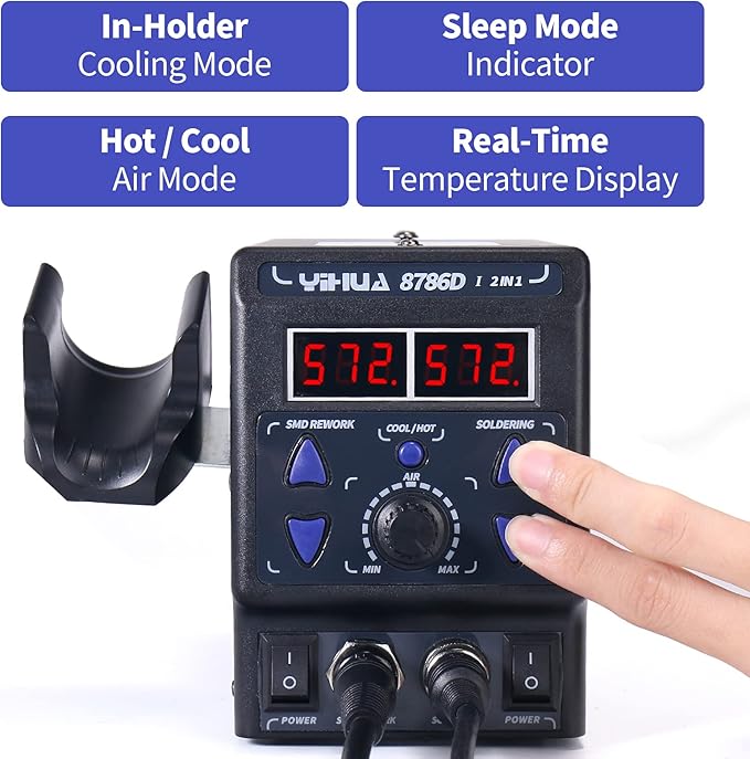 YIHUA 8786D I 2 in 1 Hot Air Rework and Soldering Iron Station with °F /°C, Cool/Hot Air Conversion, Digital Temperature Correction and Sleep Function
