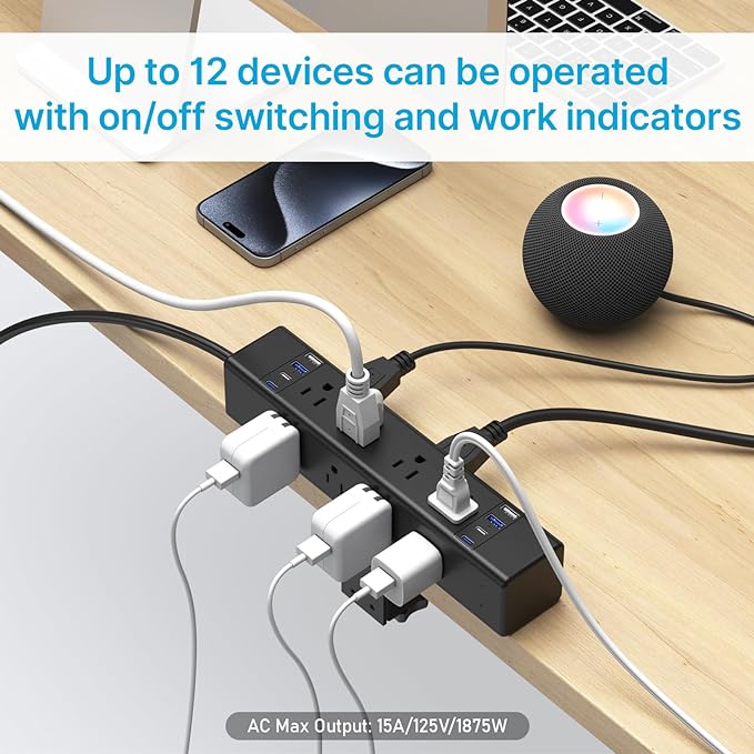 CCCEI Desk Outlet Station 20W USB C Port. 12 Outlet Desktop Clamp Power Strip Surge Protector 4800J with Switch. Nightstand Office Standing Desk Accessories Fit Thicker Table Edge or Screw Mount, 10FT