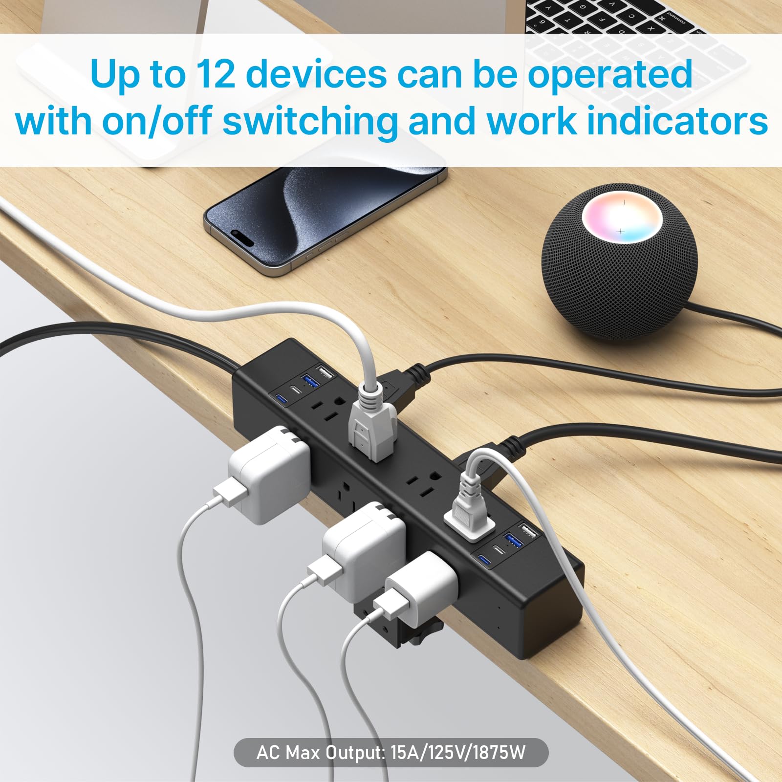CCCEI 20W Per Side USB-C Desktop Outlet Station, Clamp Power Strip Surge Protector 4800J, Home Office Standing Desk Organizers and Accessories, 10FT 14AWG 15A Extension Cord, Switch, ETL Listing.