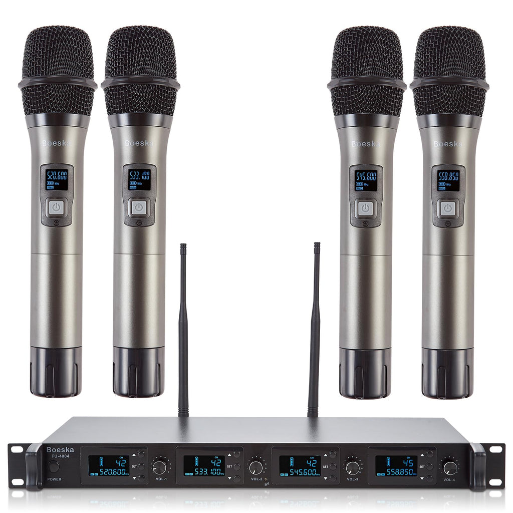 Boeska Wireless Microphone System, 4-Channel UHF Wireless Mic, Fixed Frequency Metal Cordless Mic with 4 Handheld Dynamic Microphones, 200ft Range, Mics for Singing, Church (4 Handheld)