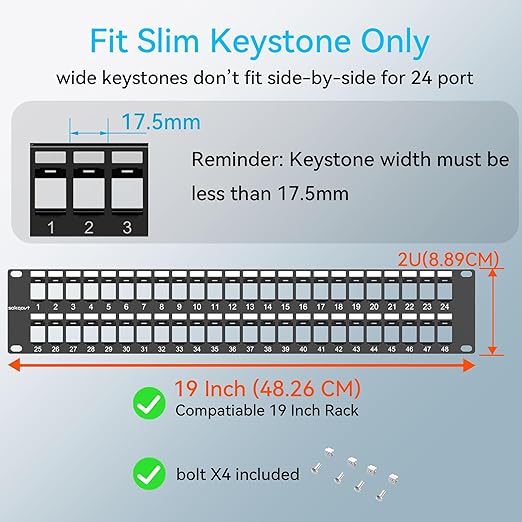 48 Port Blank Keystone Patch Panel with Snap-in Design (2 Pack), Cat6 Network Patch Panel 2U 19 inch, Rack Mount Ethernet Patch Panel (for Slim Keystone Only)