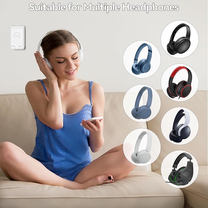 Headphone Stand, Wall Mount Headset Hanger, Gaming Headphone Holder Hook Clip, Foldable Headset Stand Desk Holder for PC Earphone Accessories, White(2 Pack)