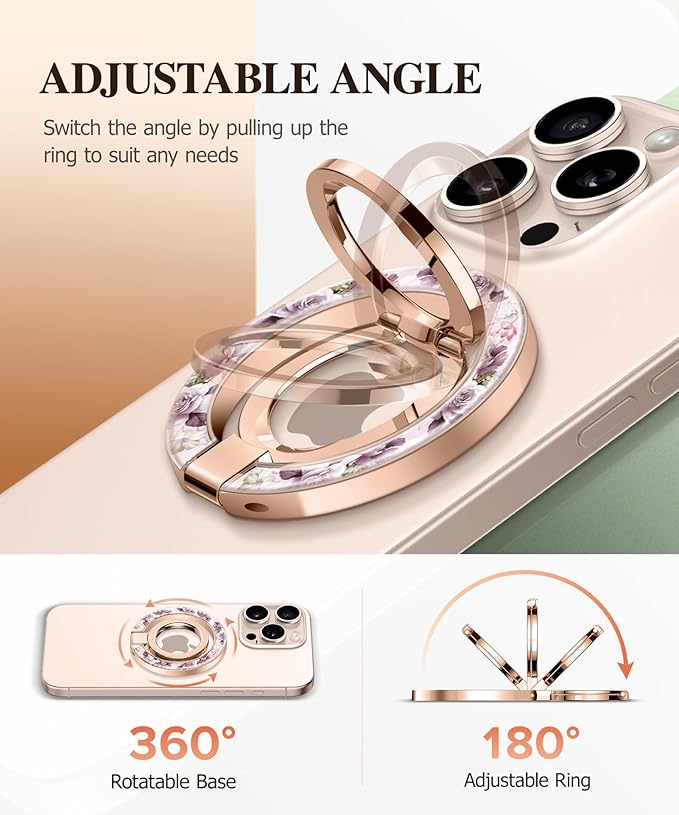 GVIEWIN Magnetic Phone Ring Holder, Compatible with MagSafe Phone Grip with Adjustable Stand, Magnet Phone Ring Kickstand for iPhone 16 Pro Max/Plus/15/14/13/12 Series/Other Phones (Cherry Blossoms)