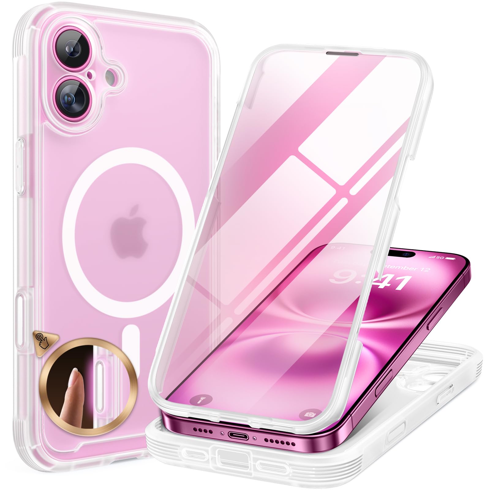 Miracase for iPhone 16 Case 6.1'', [Bubble Free] Full-Body Bumper Phone case with Built-in Full Glass Screen &Camera Control,No Gap,Compatible with MagSafe,Drop Proof 16 Cover,Matte Clear