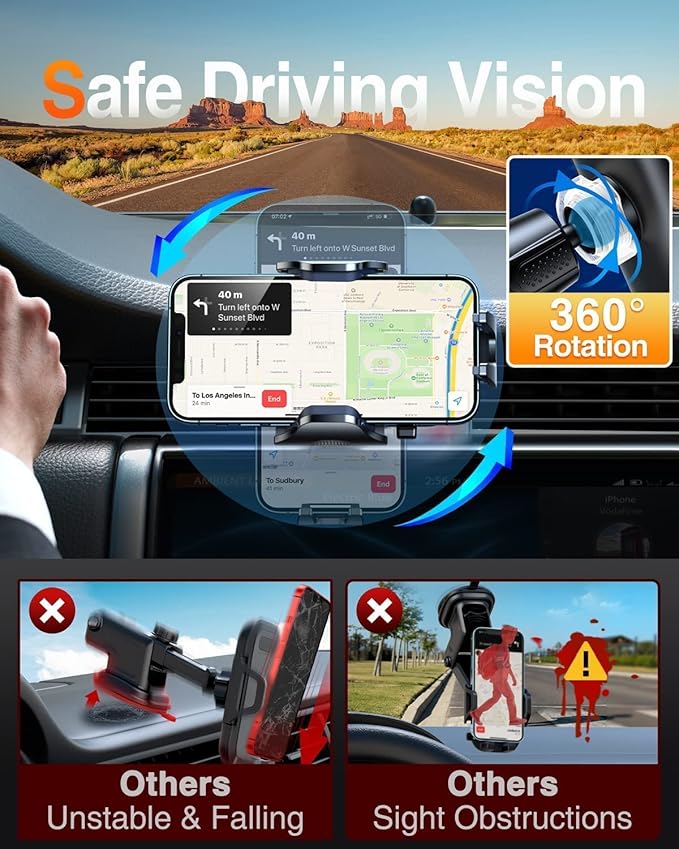 VANMASS Car Phone Holder Mount 2025 Upgraded [Patent Steel-Hook] Car Vent Phone Mount Clip Military-Grade Shockproof Cell Phone Car Mount Handsfree Truck Stand Vent Cradle for iPhone Android,Silvery