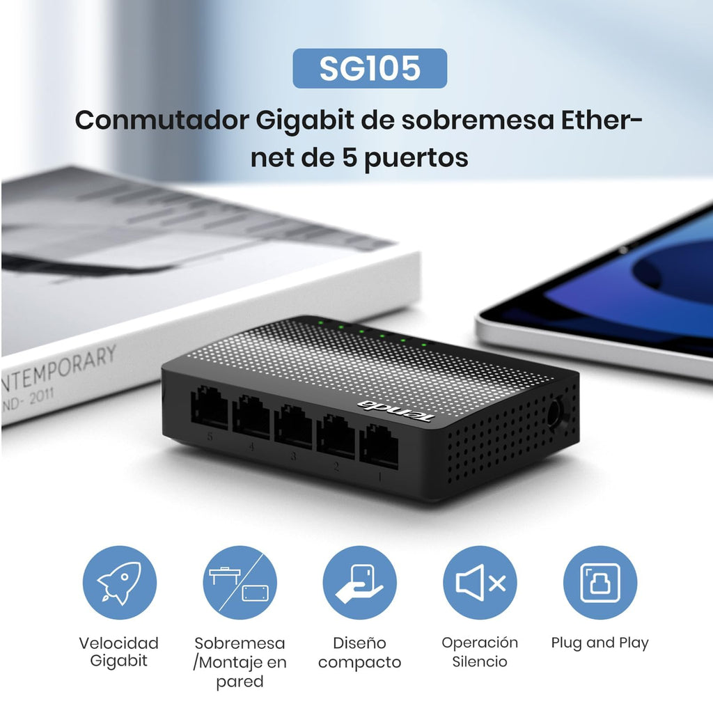 Tenda 5 Port Gigabit Ethernet Switch, Desktop Ethernet Splitter, Unmanaged Network Switch Hub for Office/Home, Plug & Play, Wall-Mount, Fanless Quiet, Plastic Case