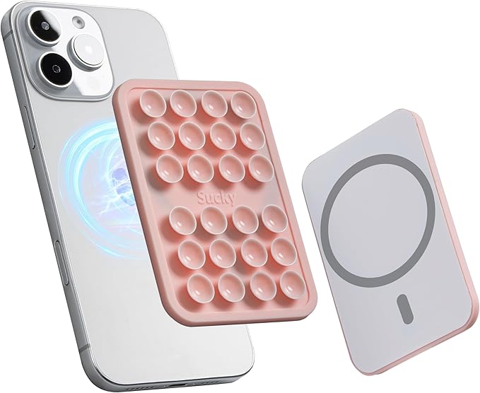 SUCKY Magnetic Suction Cell Phone Grip for MagSafe Case, Silicone Octo Cup Buddy Holder, Hands-Free Removable Mount, Durable Magnet Phone Accessory for iPhone and Android - Chalk Pink