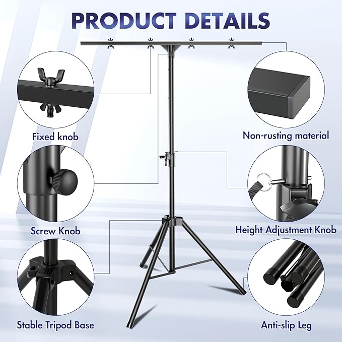 Qoope DJ Light Stand T-Bar,Heavy-Duty DJ Stand Tripod Adjustable DJ Lighting Stand Portable Stage Light Stand for DJ Lights Bar Party Light