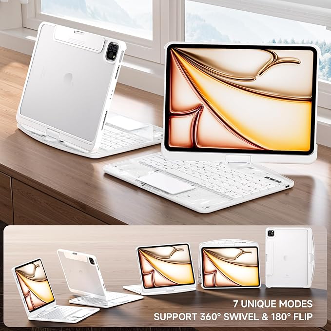 Transparent Case with Keyboard for iPad Air 13 Inch (M3/M2, 2025/2024), iPad Pro 12.9 Inch (6/5/4/3 Gen),7-Color Backlit,Magic Wireless Keyboard, 360°Rotating,with trackpad,Pencil Holder,White