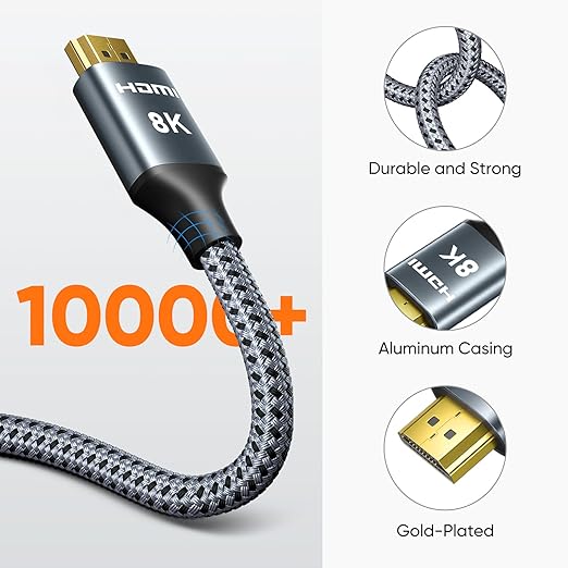 ARISKEEN 8K HDMI Cable 10 FT, 48Gbps High Speed HDMI 2.1 Cable, 8K 60Hz, 4K 120Hz 144Hz Braided HDMI Cord - 10 Feet