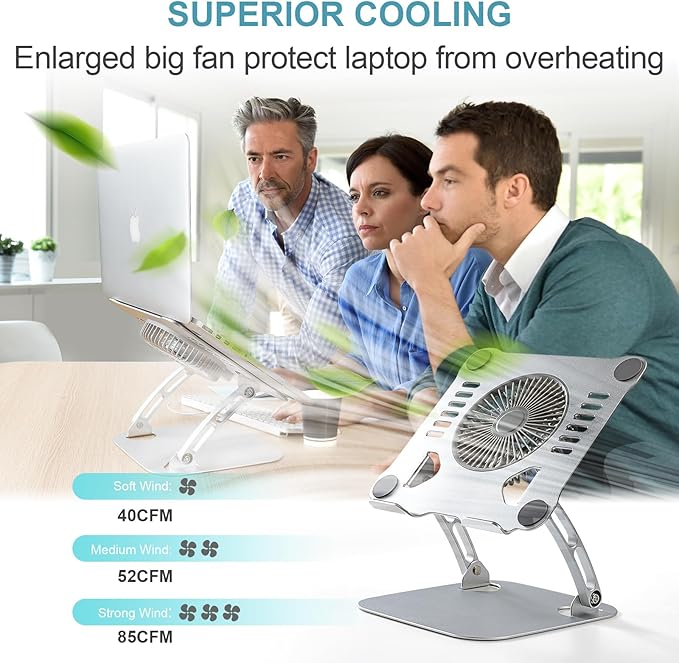 SHUWEI Laptop Cooling Stand with 3 Speed Fan, Adjustable Height & Angle, Carbon Steel Framework, Ultra-Quiet & Super Sturdy for up to 16”Laptop - Silver