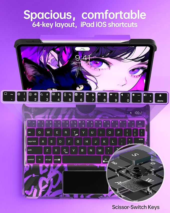 Intermerge Clear Keyboard Case for iPad Pro 11" (M4) 2024 Only, 360° Swivel Multi-Touch Trackpad, 7-Color RGB Backlit, Pencil Holder, Type-C, Power Indicator, Neon Pulse