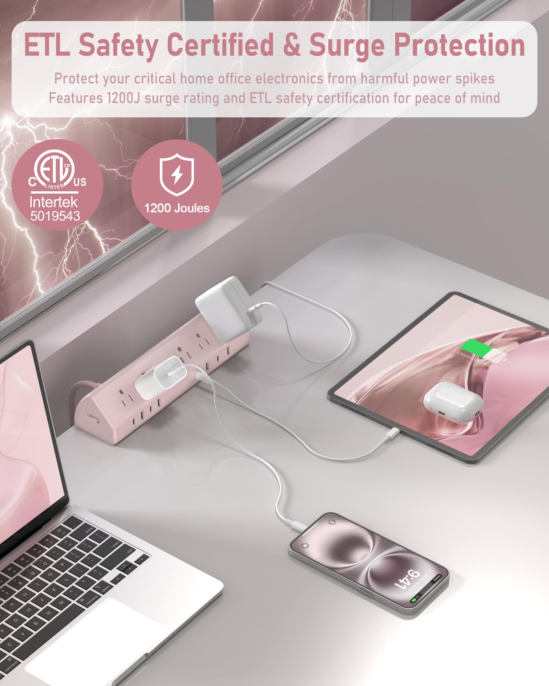Jgstkcity Desk Clamp Power Strip USB C 45W,Surge Protector,Pink