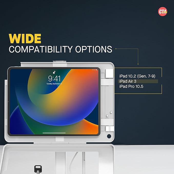 Dual Kiosk Stand – CTA Security Stand with Locking Case, Cable, Stylus and Tether – Compatible with Headphone Jack, iPad 7th/ 8th/ 9th Gen 10.2”, iPad Pro 10.5 (PAD-ASKW10) – White